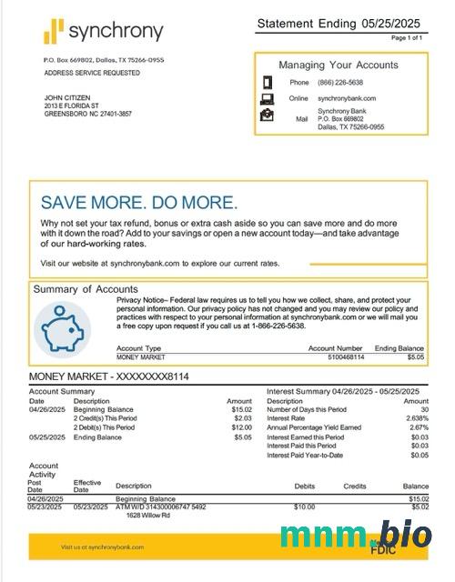 Szablon wyciągu z karty kredytowej USA Sutton bank w programie Word i PDF